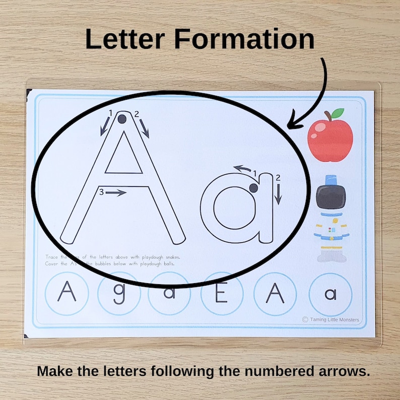 Letter A, alphabet playdough mat. With c circle surrounding the letter formation section of the printable.