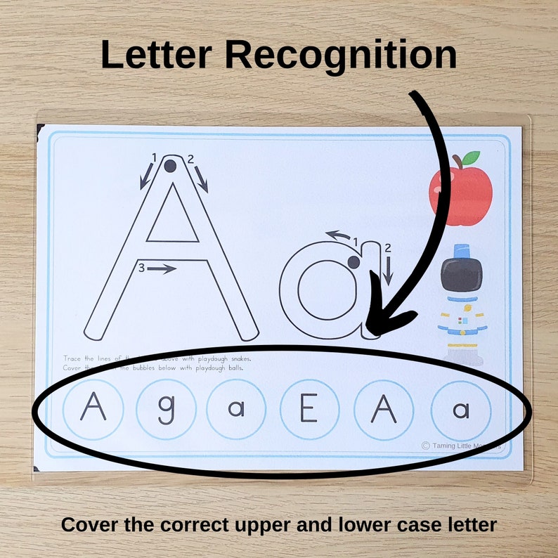 Letter A, alphabet playdough mat. With c circle surrounding the letter recognition section of the printable.