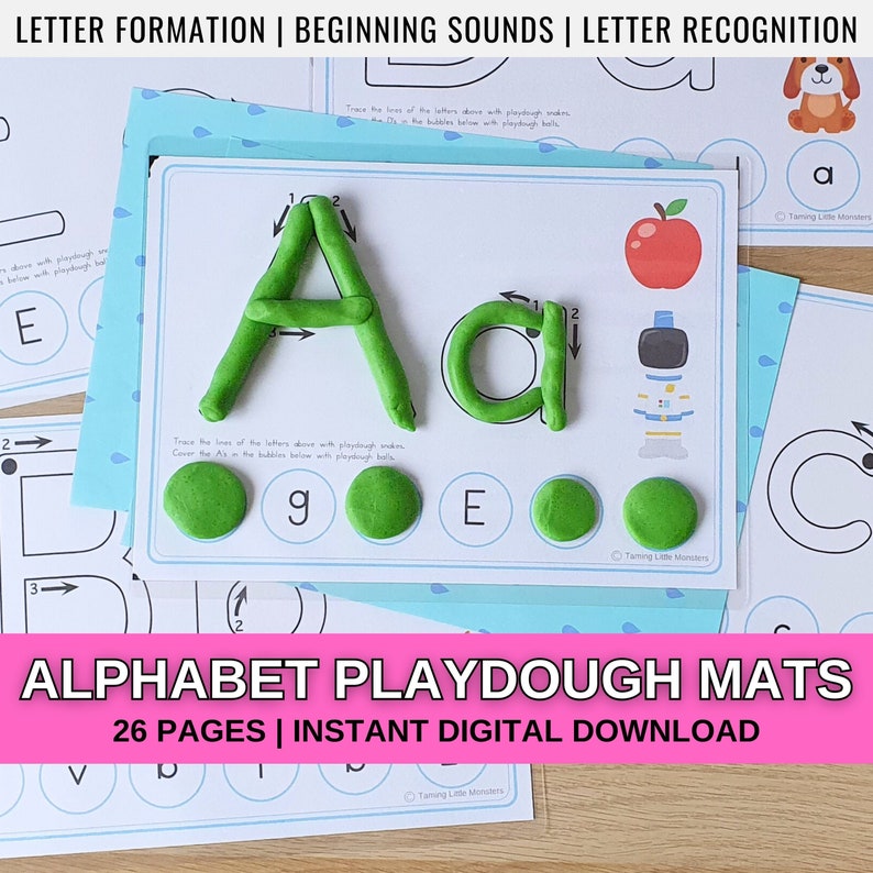 Letter A Alphabet playdough mat for kids, with green playdough forming the letter shape.