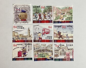 Japan used Stamp 2021 Cartoon Teddy Japan Post Postman Bear United Kingdom England UK Travels G287 all 9 pieces used stamps with stock card