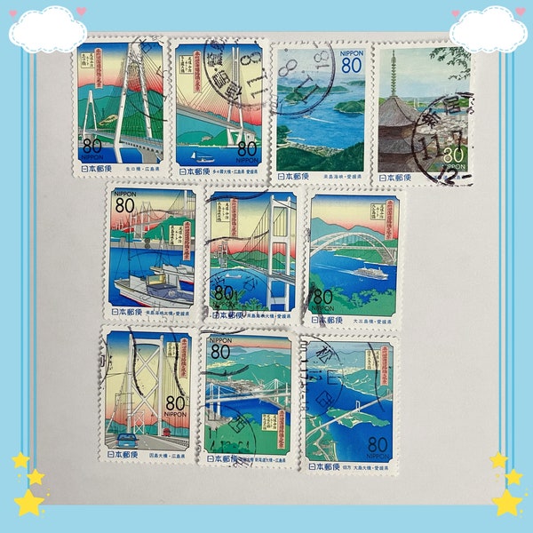 With stock card- Japan used stamp set Japanese stamps 1999 Hiroshima Prefecture Shimanami Ohashi Bridge R292-R301 postage 10 pieces full set