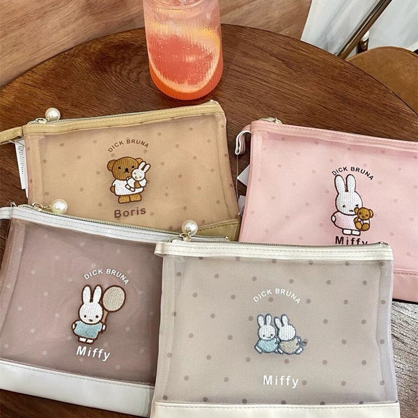 Miffy Japanese style colourful mesh storage bag hand-held coin purse Transparent Embroidered Mesh Storage Bag Cosmetic Bag Stationery bag