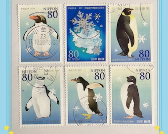 Con tarjeta de stock, juego de sellos usados de Japón, conmemoración del 50 aniversario del Tratado Antártico de 2011, juego de 6 piezas de copos de nieve de pingüino C2096
