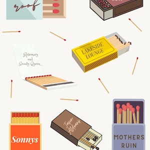 May include: A collection of matchboxes with various designs and names, including "Tin Roof", "Whiskey Row", "Lakeside Lounge", "Rosemary and Beauty Queen", "Sonnys", "Jason Aldeans", and "Mothers Ruin".