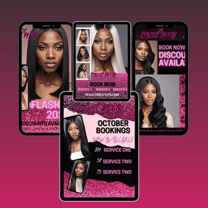 May include: Three images of phone screens with a pink and black color scheme. The text on the screens reads "Styles By Tri", "Book Now", "Service 1", "Service 2", "Service 3", "Reallygreatsite.com", "Flash 20", "Discounts Available", "Reallygreatsite", "October Bookings", "Now Available", "100 Service One", "50 Service Two", "75 Service Two", "Book Now", "Discou Availa", "W", "SE", "BR", "QU", "W", "www.Reallygreatsite.com".