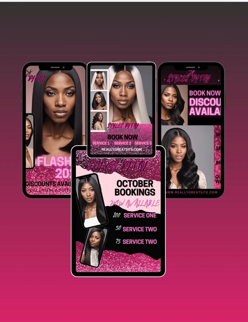 May include: Three images of phone screens with a pink and black color scheme. The text on the screens reads "Styles By Tri", "Book Now", "Service 1", "Service 2", "Service 3", "Reallygreatsite.com", "Flash 20", "Discounts Available", "Reallygreatsite", "October Bookings", "Now Available", "100 Service One", "50 Service Two", "75 Service Two", "Book Now", "Discou Availa", "W", "SE", "BR", "QU", "W", "www.Reallygreatsite.com".