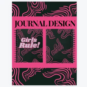 May include: A pink and black journal with a spiral binding. The front cover features a black and white swirl pattern with the text "Girls Rule!" in pink.