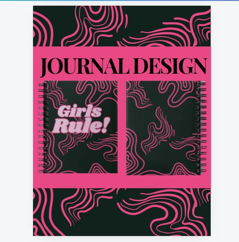 May include: A pink and black journal with a spiral binding. The front cover features a black and white swirl pattern with the text "Girls Rule!" in pink.