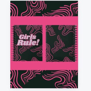 May include: A pink and black spiral notebook with a black and white swirl pattern on the cover. The front cover has a pink rectangle with the text "Girls Rule!" in white.