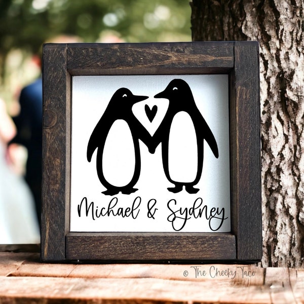 Penguin Couple Personalized Wood Sign | Rustic Home Decor Boyfriend Girlfriend | Relationship Gift Cute Couple | Valentines Day Gift