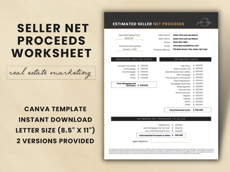 Seller Net Proceeds Worksheet, Seller Net Worksheet, Real Estate Seller ...