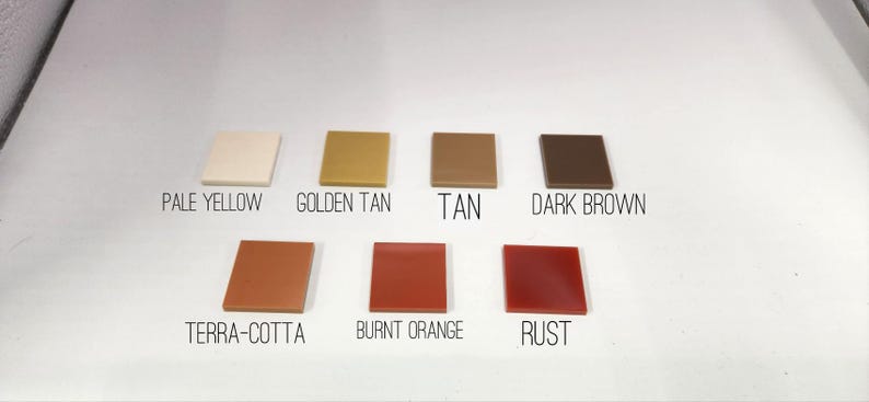 May include: A color chart with 9 different shades of brown, tan, and orange. The colors are labeled: Pale Yellow, Golden Tan, Tan, Dark Brown, Terra-Cotta, Burnt Orange, and Rust.