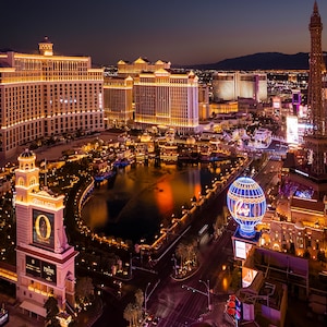 Amanecer aéreo del Strip de Las Vegas, decoración de lienzo, impresión de metal, impresión en papel, paisaje urbano, ciudad del pecado