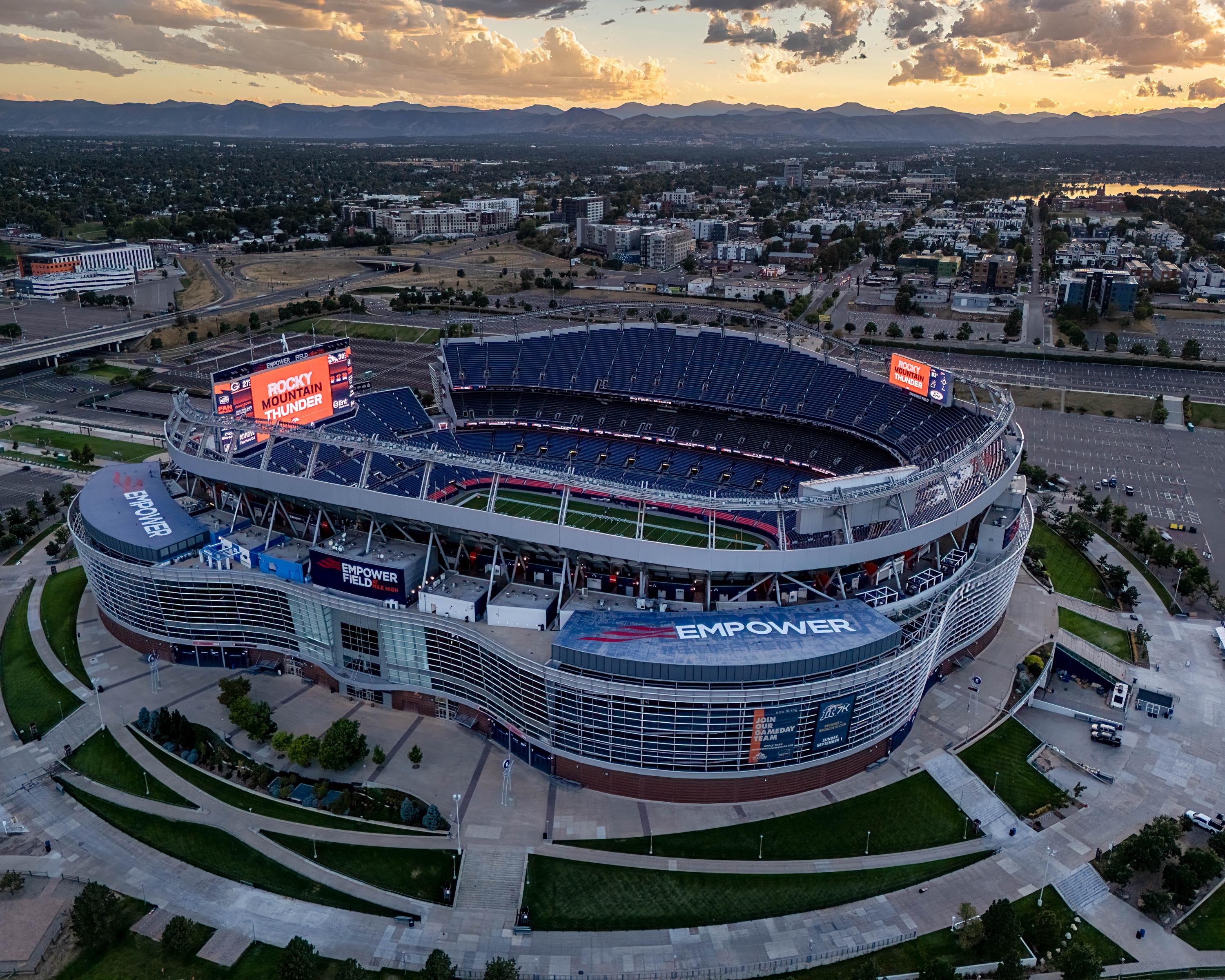 Rising from the Ashes – Denver Broncos Stadium Sunset with New Hope