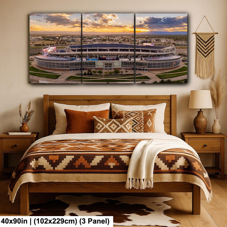 The image is a large, multi-panel collage depicting a stadium at sunset, with a warm, rustic bedroom setting in the foreground.