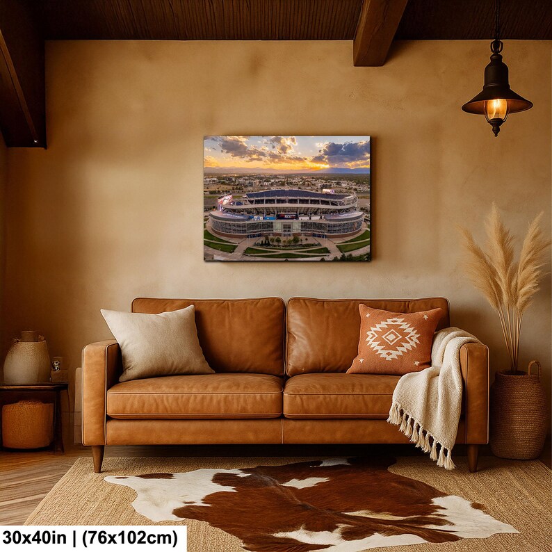 a large, brown leather couch with a cowhide rug in front of it. Above the couch, there is a framed picture of a stadium, likely a sports stadium, with a sunset in the background. The room has a rustic, cozy atmosphere with a potted plant and a lamp providing additional elements to the scene.