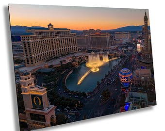 Bellagio Fountain Show Sunset: Las Vegas Strip Cityscape Print