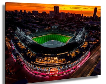 Fly the W: A Sunrise Soar Over Wrigley, Where Legacy Glows and One Perfect Shot Beats a Thousand Words, Wall art, Stadium print, Wall Decor
