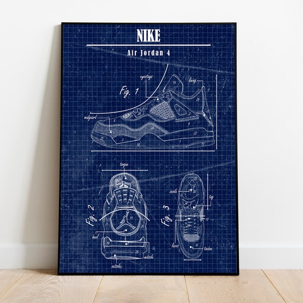 Nike Air Jordan 4 Blueprint Design Affiche | Art mural de baskets | Décor minimaliste | Cadeau pour Sneakerhead