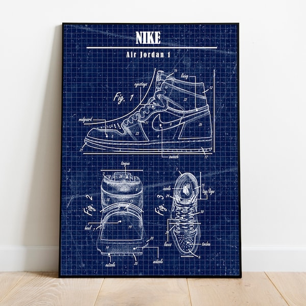 Nike Air Jordan 1 Blueprint Design Poster | Sneaker Wall Art | Minimalist Decor | Gift for Sneakerhead