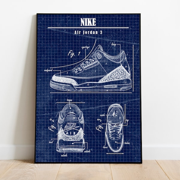 Nike Air Jordan 3 Blueprint Design Poster | Sneaker Wall Art | Minimalist Decor | Gift for Sneakerhead