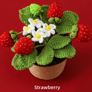 Multi-headed Strawberry Potted Plant,Crochet Red Strawberry with Green Leaves,Handmade,Crochet Fruit ,Home table Bedroom decor,Gift for her