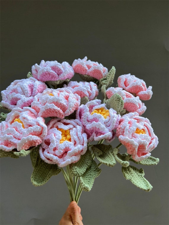Crochet Peony Flowers Bouquet knitted Flower Stem peony Crochet