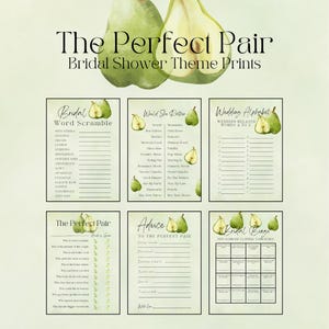 Peut inclure: Ensemble de jeux pour une fête prénuptiale sur le thème de la poire. Les jeux incluent une grille de mots, "Would She Rather" et "Wedding Alphabet". Le titre "The Perfect Pair" est affiché en haut, sur un fond vert clair.