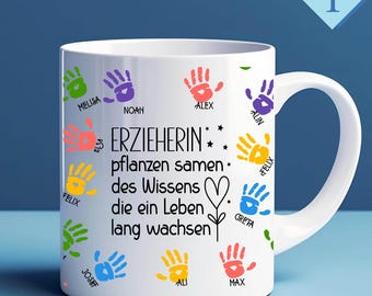 Regali per educatori della prima infanzia: tazza personalizzata con impronte di mani e nomi dei bambini - regalo di addio per educatori o insegnanti della prima infanzia