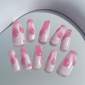 09 &quot;Strawberry Sauce&quot; 3D Sweet Pink Jelly Press on Nails | Custom Hand-painted Nails | Love day Coffin Reusable Nails/Fake Nails
