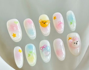 196 &quot;Jelly Bunny and Butter Bear&quot; Kawaii Cute Y2K Press on Nails | Custom Hand-painted Nails | Coffin Nails /Fake Nails/ Stick on Nails