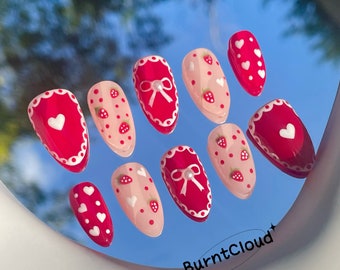 159 &quot;Strawberry Cake&quot; Cute Pink &Red Strawberry and Bowknot Press on Nails | Custom Hand-painted Nails | Almond Reusable Nails/Fake Nails