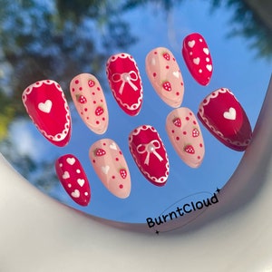 159 "Strawberry Cake" Cute Pink &Red Strawberry and Bowknot Press on Nails | Custom Hand-painted Nails | Almond Reusable Nails/Fake Nails