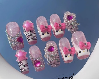 127 &quot;Shiny Pink&quot; Cute Kawaii Kitty Pink Glitter Press on Nails | Custom Hand-painted Nails | Short Nails | Fake Nails | Stick on Nails