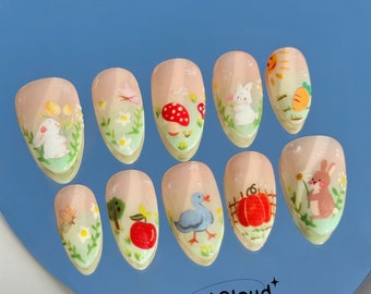 171 "My Life" Press on Nails: Forest, Bunny/Rabbit, Duck, Mushroom, Custom Hand-painted
