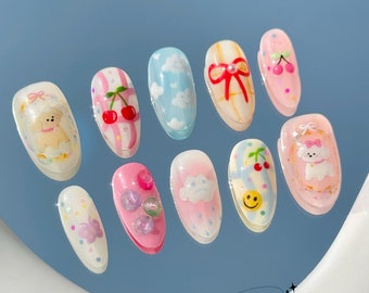 195 &quot;Cherry Dogs&quot; Kawaii Cute Puppy Cherry Clouds Y2K Press on Nails | Custom Hand-painted Nails | Coffin Nails /Fake Nails/ Stick on Nails