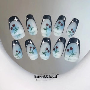 55 &quot;Cool But Sweet&quot; Cute Cherries Black Frenchtip Press on Nails | Custom Hand-painted Nails | Coffin Reusable /Fake Nails/ Stick on Nails