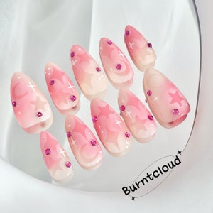 128 &quot;Pink Dreams&quot; Sweet Ombre Stars Rhinestones Press on Nails | Custom Hand-painted Nails | Almond Reusable Nails/Fake Nails/Stick on Nails