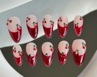 170 "Red Wine Cherries" Burgundy Red Frenchtip Cherry Press on Nails | Custom Hand-painted Nails | Almond Reusable Nails/Fake Nails/Acrylic