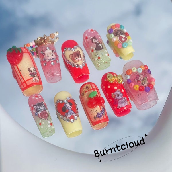 154 "In Colors" Y2K Cute Kawaii Kitty and Puppy Orange Cherry Press on Nails | Custom Hand-painted Nails | Almond Reusable Nails/Fake Nails