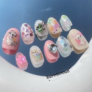 Promotion (Limited Time) 122 &quot;Cutie Friends&quot; Kawaii Light Pink Cute Cats & Bunny Press on Nails | Custom Hand-painted Nails | Fake Nails