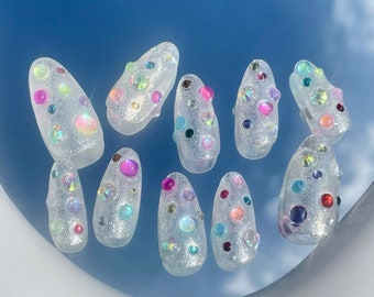 88 &quot;Poping Gemstones&quot; Colorful Bubbles Glitter Press on Nails | Custom Hand-painted Nails| Coffin Reusable Nails/Fake Nails/ Stick on Nails