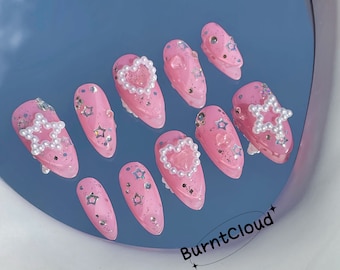 148 &quot;Second Date&quot; Jelly Pink Glitter Pearl Stars Hearts Press on Nails | Custom Hand-painted Nails | Shinning Reusable Nails/Fake Nails