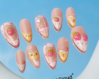 183 &quot;Strawberry Flavor&quot; Cute 3D Strawberry & Bear Pink Cake Press on Nails | Custom Hand-painted Nails | Almond Reusable Nails/Fake Nails