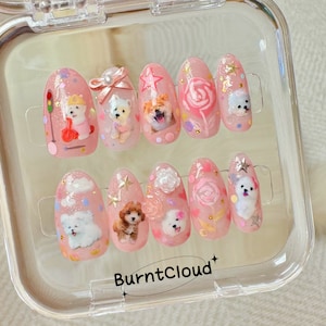 187 &quot;Sweet Dogs&quot; Kawaii Cute Puppies Pink Glitter Y2K Press on Nails | Custom Hand-painted Nails | Coffin Nails /Fake Nails/ Stick on Nails