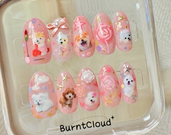187 "Sweet Dogs" Kawaii Cute Puppies Pink Glitter Y2K Press on Nails | Custom Hand-painted Nails | Coffin Nails /Fake Nails/ Stick on Nails