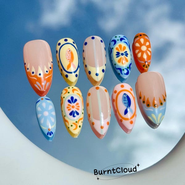 387 "Summer Seaside" Press on Nails: Vibrant, Boho, French Tips, Fish, Pink, Custom Hand-painted