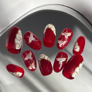 20 &quot;The Right Red&quot; Dainty Oriental Cranes Red Press on Nails | Custom Hand-painted Nails | Bird Frenchtip Nails | Oval Reusable /Fake Nails