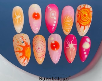246 "Golden Sun" Press on Nails: Summer, Vibrant, Freestyle, Swirls, Pink, Custom Hand-painted