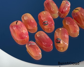 343 "Real Apple" Press on Nails: Summer, Apple, Red, Pink, Custom Hand-painted